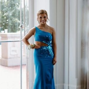 Sherri Hill Teal One-Shoulder Dress